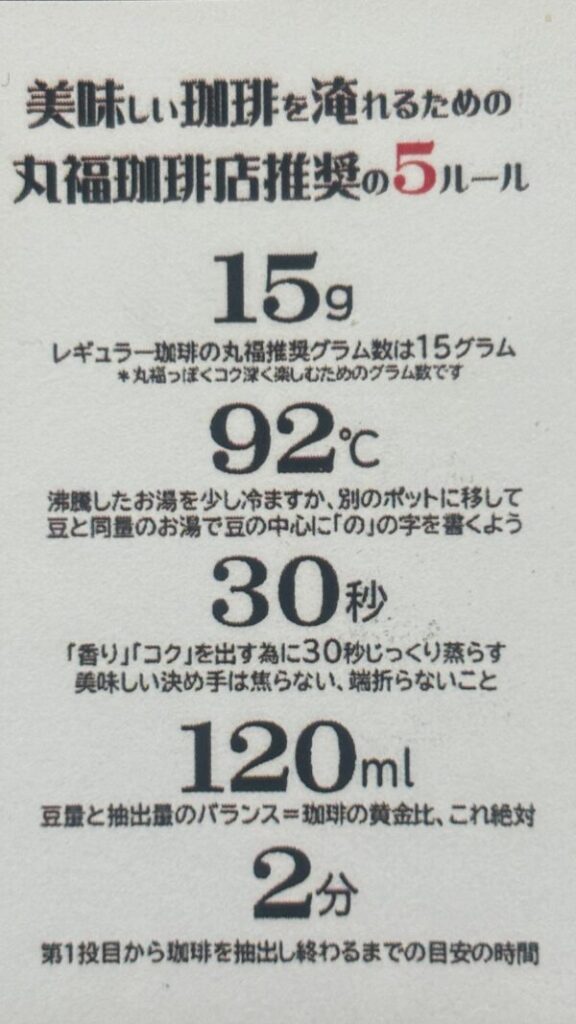 美味しく淹れるための丸福珈琲推奨の5ルール豆は15g湯温は92度蒸らしは30秒抽出量は120ml1投目から抽出完了までの目安時間2分