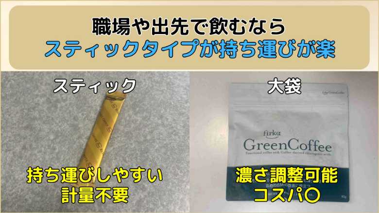スティックタイプは持ち運びやすく、計量も不要。大袋は好みで濃さを調整できて、コスパも良い
