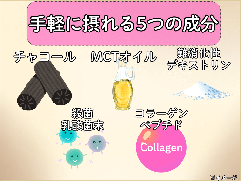 チャコール、MCTオイル、難消化性デキストリン、殺菌乳酸菌末、コラーゲンペプチドが手軽に摂れる